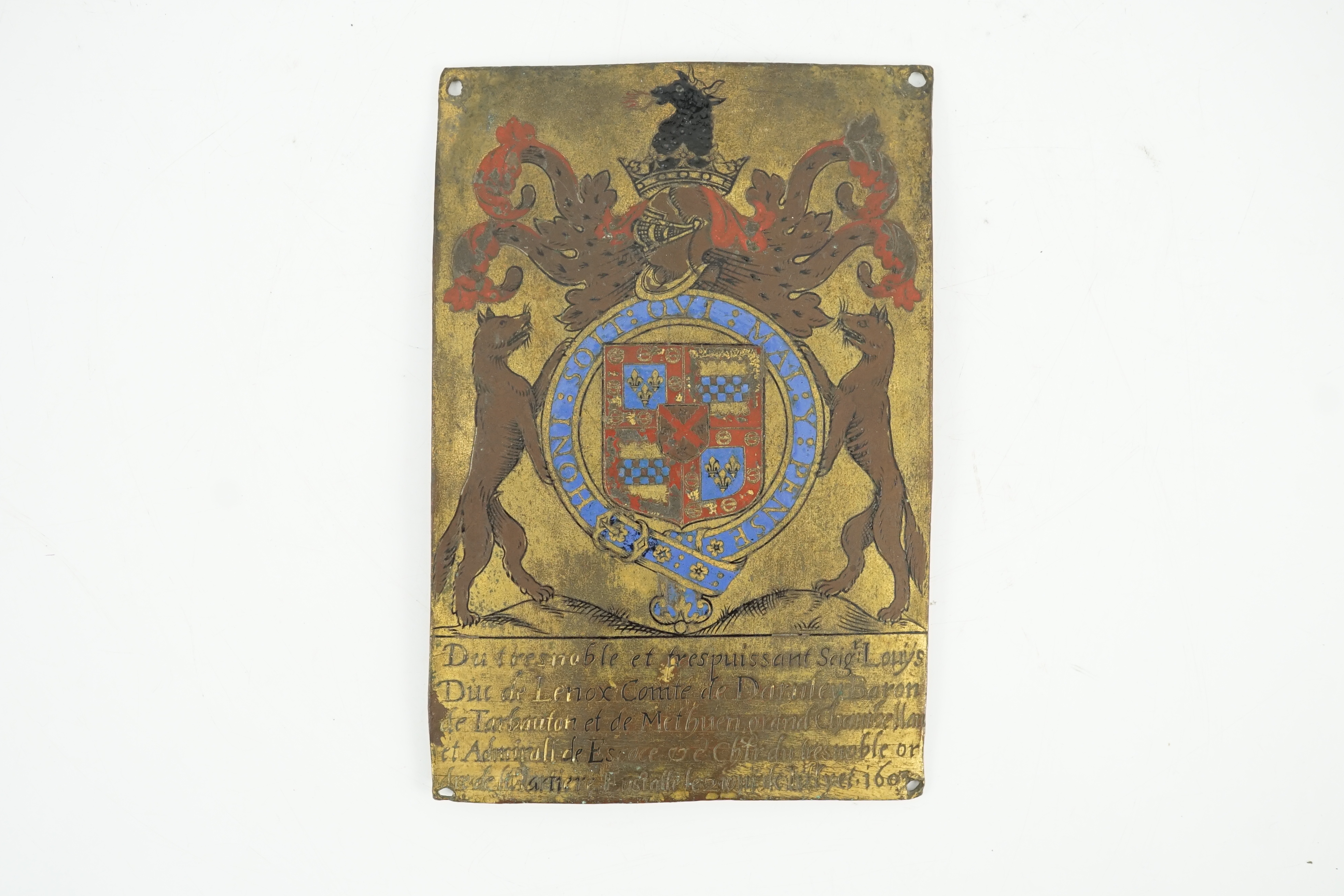 A James I enamelled brass garter stall plate, dated 1603 with the arms of Esmé Stewart, 3rd Duke of Lennox (1579-1624)